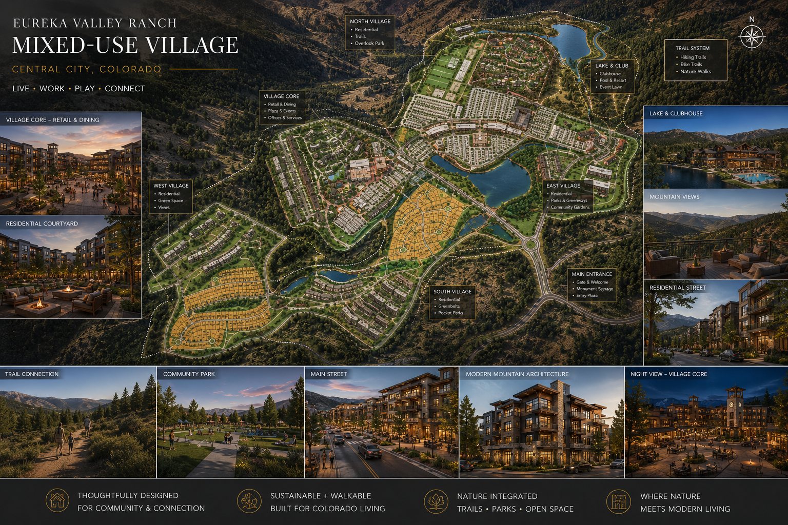 Illustrative master plan showing the village districts, Village Core, lake, and trail system